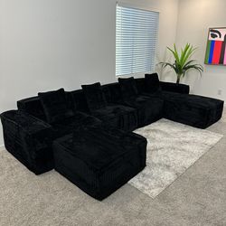 Large 6-Piece Midnight Black Modular Sectional Sofa Couch
