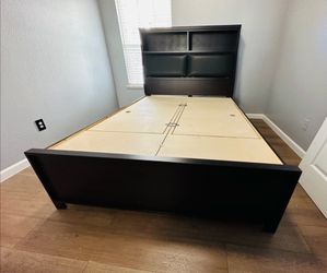 Dark Brown Queen Bed Frame with Storage Headboard