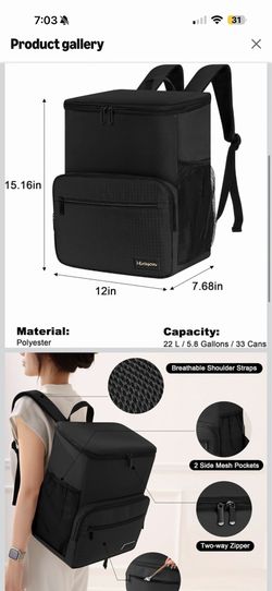 Insulated black polyester backpack has a 22L capacity and is leak-proof. This Mirason cooler features breathable shoulder straps, two side mesh pocket