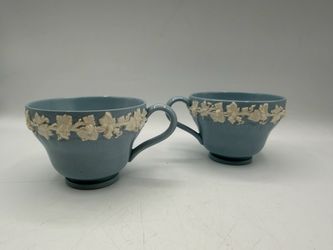 Set of Vintage Wedgwood Embossed Queensware Cream on Blue Grapevine Teacups Only