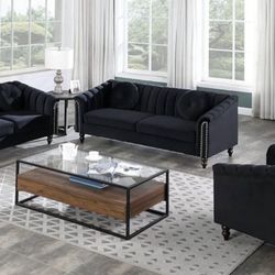 Black Velvet Modern Style Three Piece Couch Set