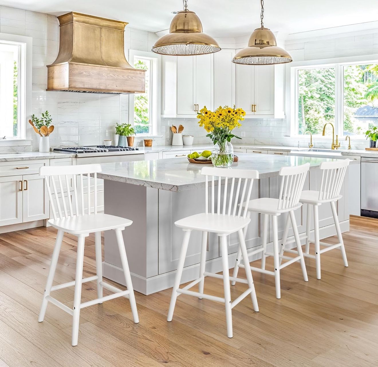 LUE BONA Upgraded Windsor Wooden White Bar Stools Set of 4, 24 Inch Counter Height Barstools with Spindle Back/Bigger Seat for Kitchen Island