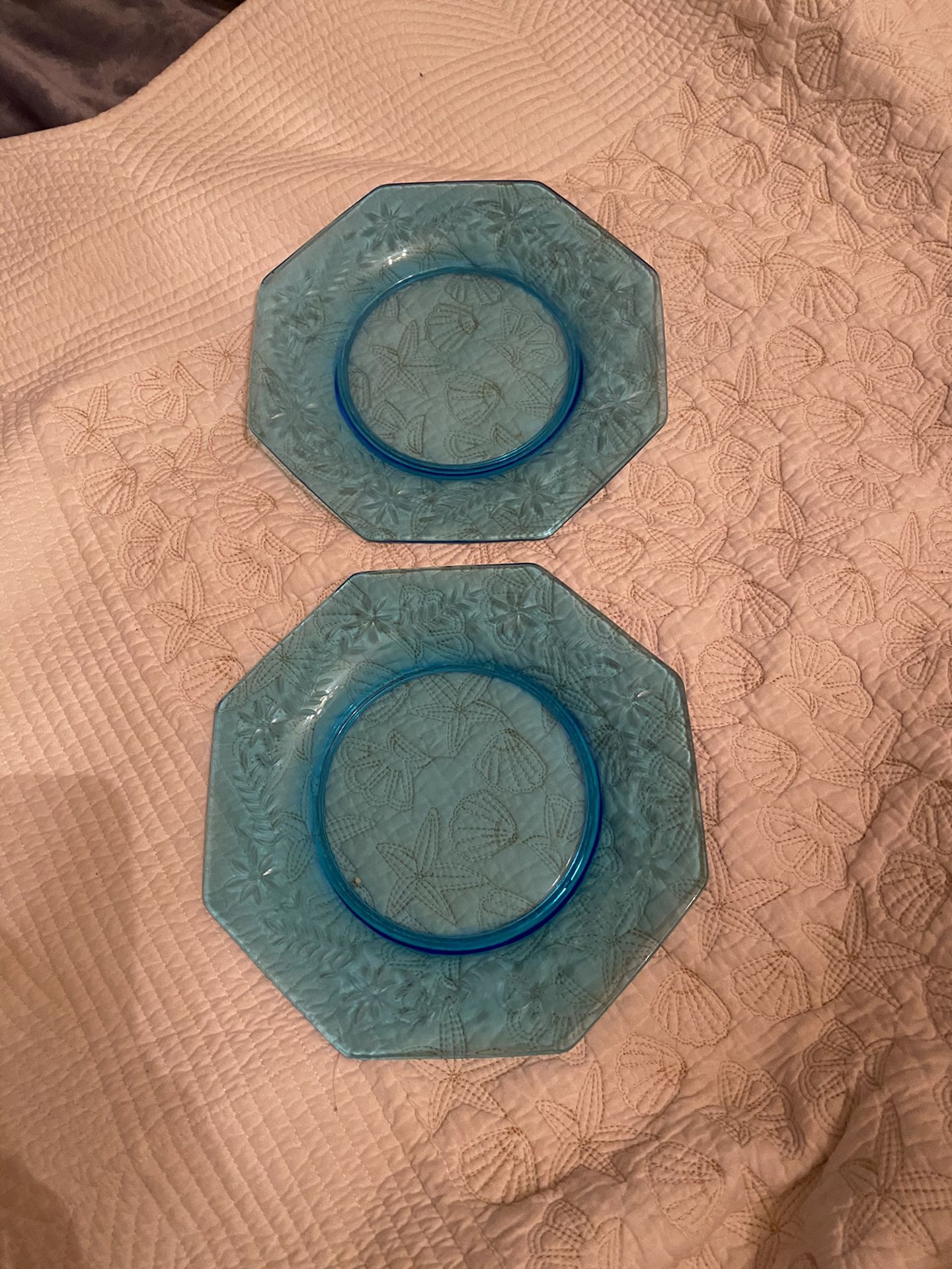Turquoise blue dish set (2) w beveled edges
