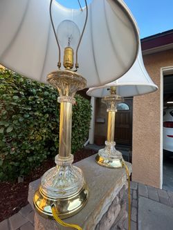 Pair of Vintage Brass & Glass Table Lamps with Bell Shades