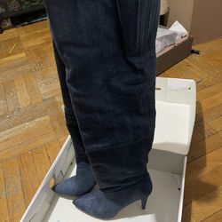 Nidia2 Dark Blue Denim Mid-Heel Knee Boots – Size 8.5