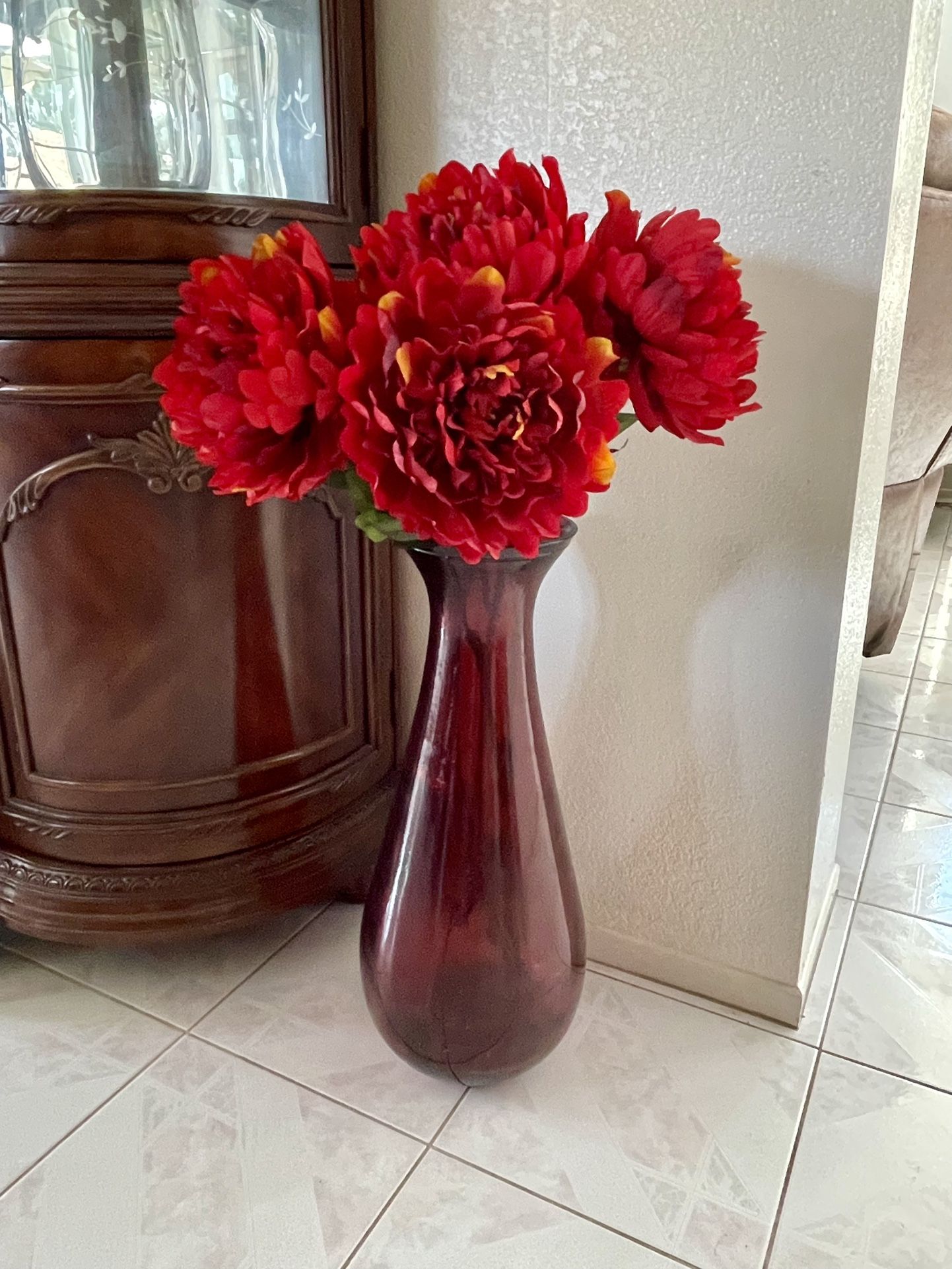 Tall Ruby Red Vase , Flowers From Hobby Lobby