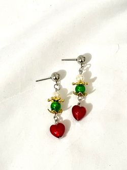 Christmas Holiday Earrings Red Heart Green Gold Bead Dangle Drop Artisan Jewelry