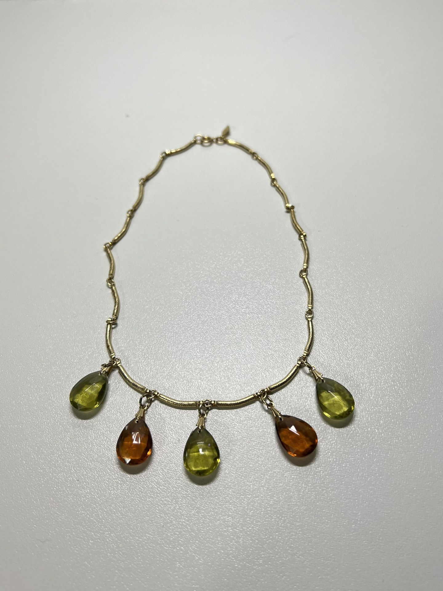 Vintage Sarah Coventry Necklace "Ember Tears" Amber Green Lucite Gold Tone 1975