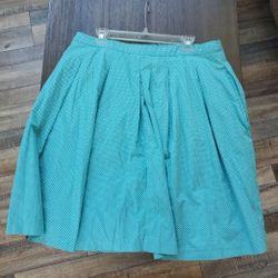 EUC Women's Talbots Teal White Polka Dot Retro Lined A Line Pleated Skirt 14P