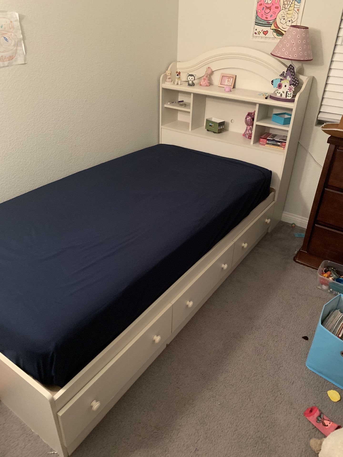 Twin bed frame, bookcase headboard, and mattress