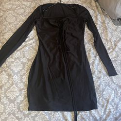 Long Sleeve Black Mini Dress With Deep V Neck (new) (size M)