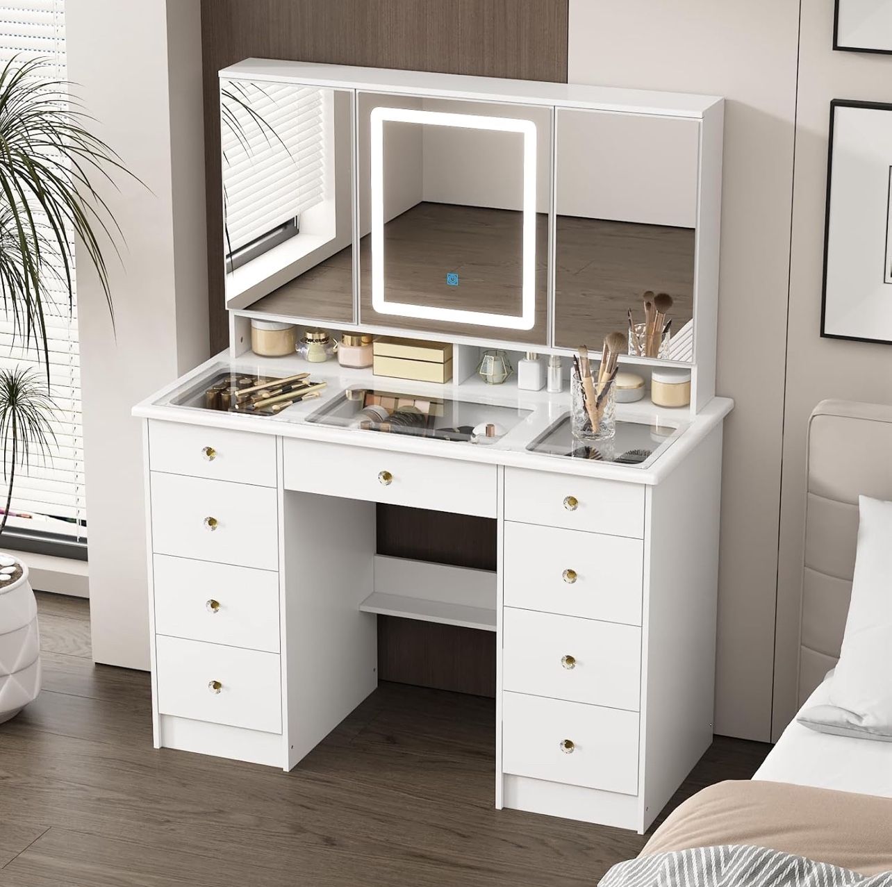 FUFU&GAGA Vanity Desk with Mirror and Lights, Large Makeup Vanity with Glass Top, Modern Dressing Table with 9 Drawers & Hidden Shelves for Bedroom, W