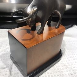 Vintage Brass Bull Wall Street Bookend On Wooden Base