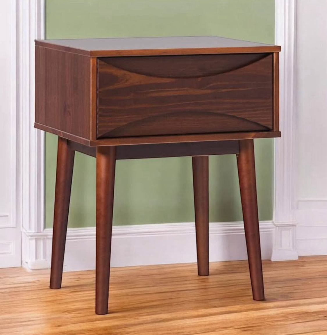 New Pair of Mid Century Modern Wood Walnut Nightstands with Storage Drawer