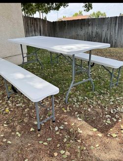 VINGLI Picnic Table Set with 2 Benches, 6 Feet Camping Table Chair Set,3-Piece Folding Furniture for Indoor or Outdoor Use, Smooth Tabletop, White