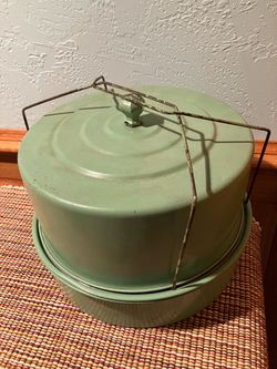 Vintage Metal Cake Carrier Base & Lid w/handle & Pan (triple decker)