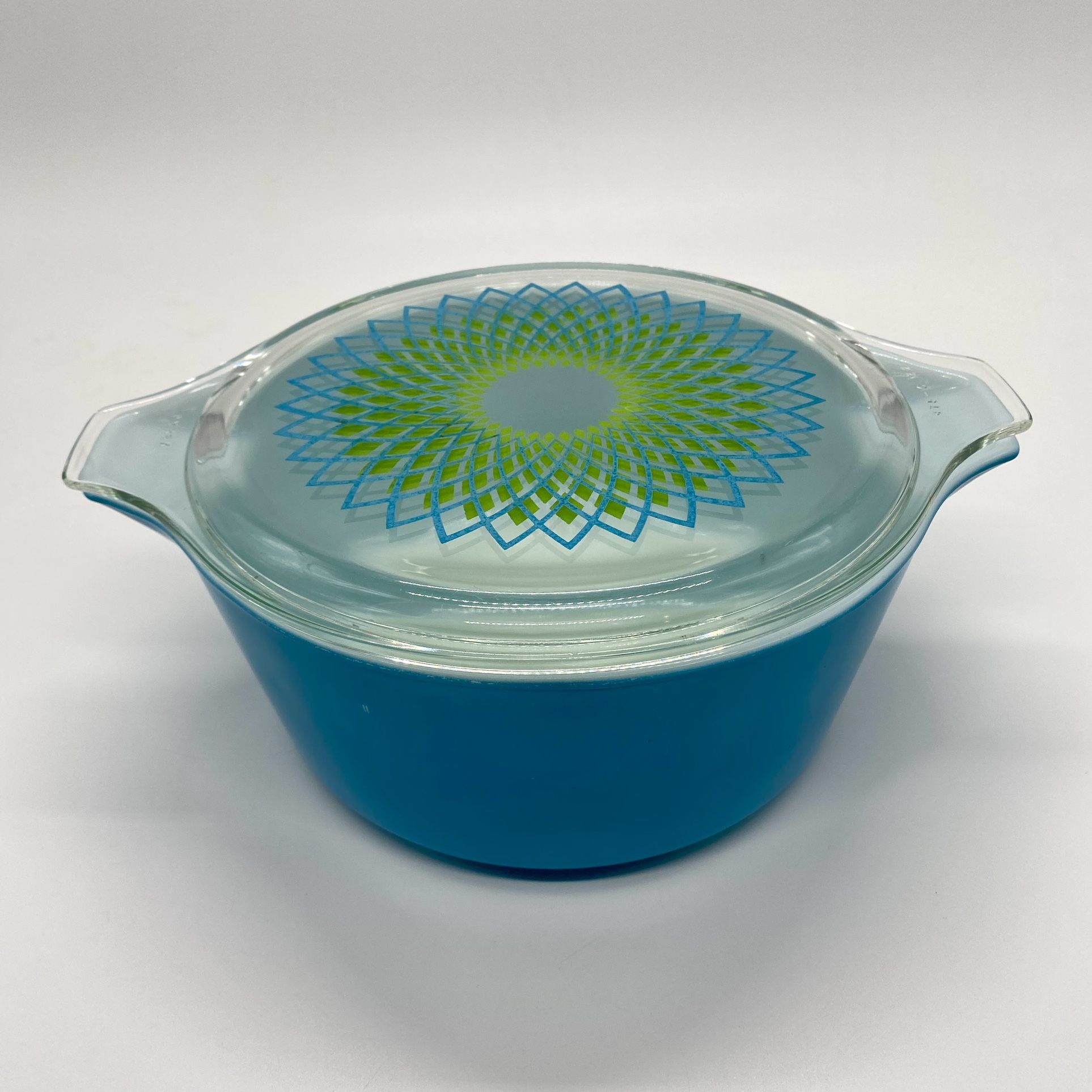 Vintage Pyrex Blue Spirograph 2.5 qt Casserole Dish with Lid 1960s Promo Rare