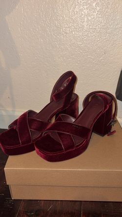 Coach Burgundy Velvet Platform Heeled Sandals