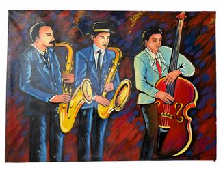Large Mural Painting Jazz Musicians Signed Grajales Clean