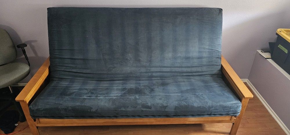 Tray Arm Full Futon Frame with mattress in Navy Suede
