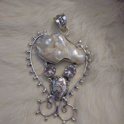 Huge 3.25" Edwardian style biwa pearl topaz 925 pendant