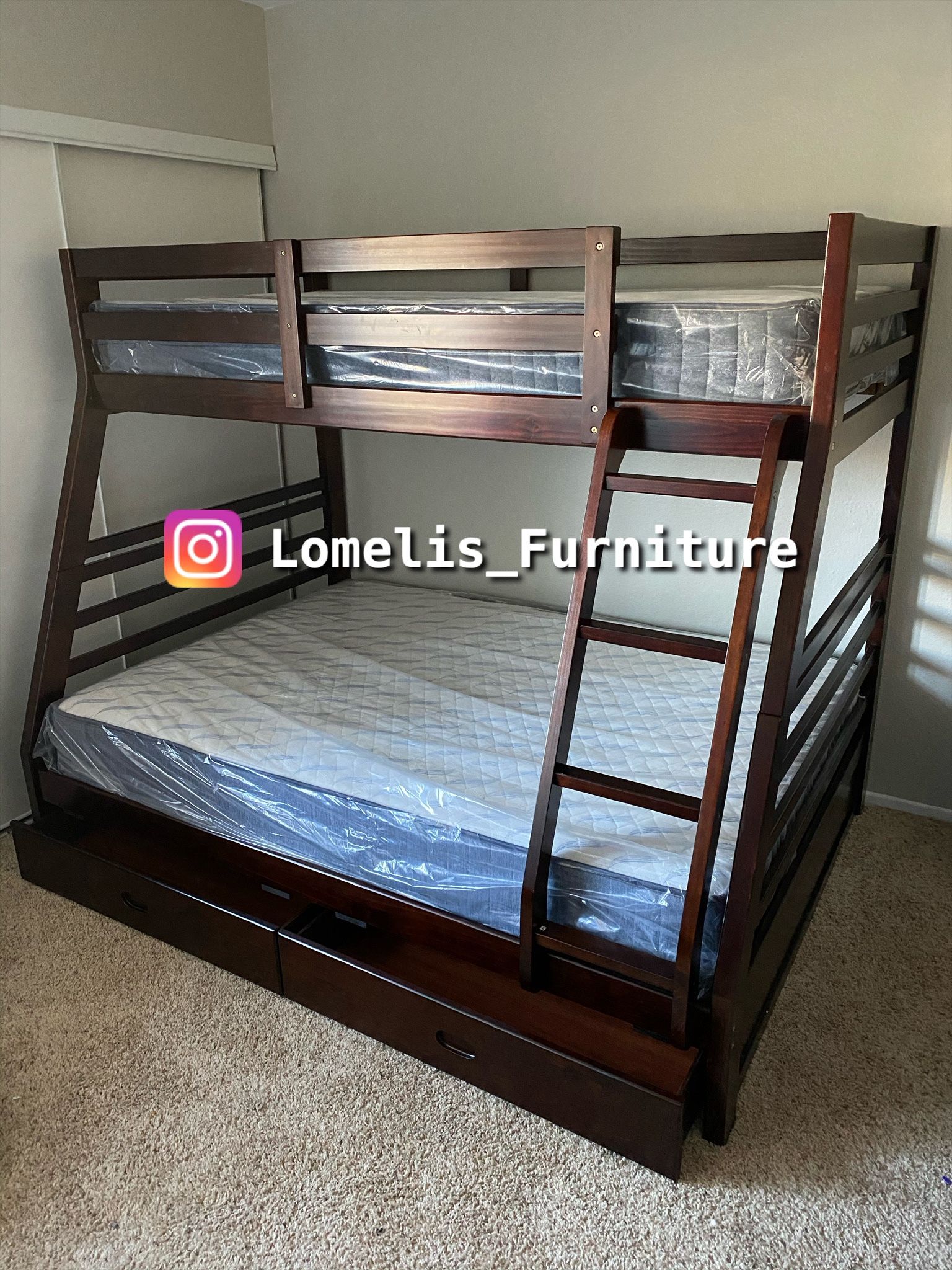 Twin/Full Expresso Bunk bed w. Drawers & Ortho Mattresses Included