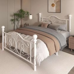 Queen Size Bed Frame，Metal Platform, White S-36