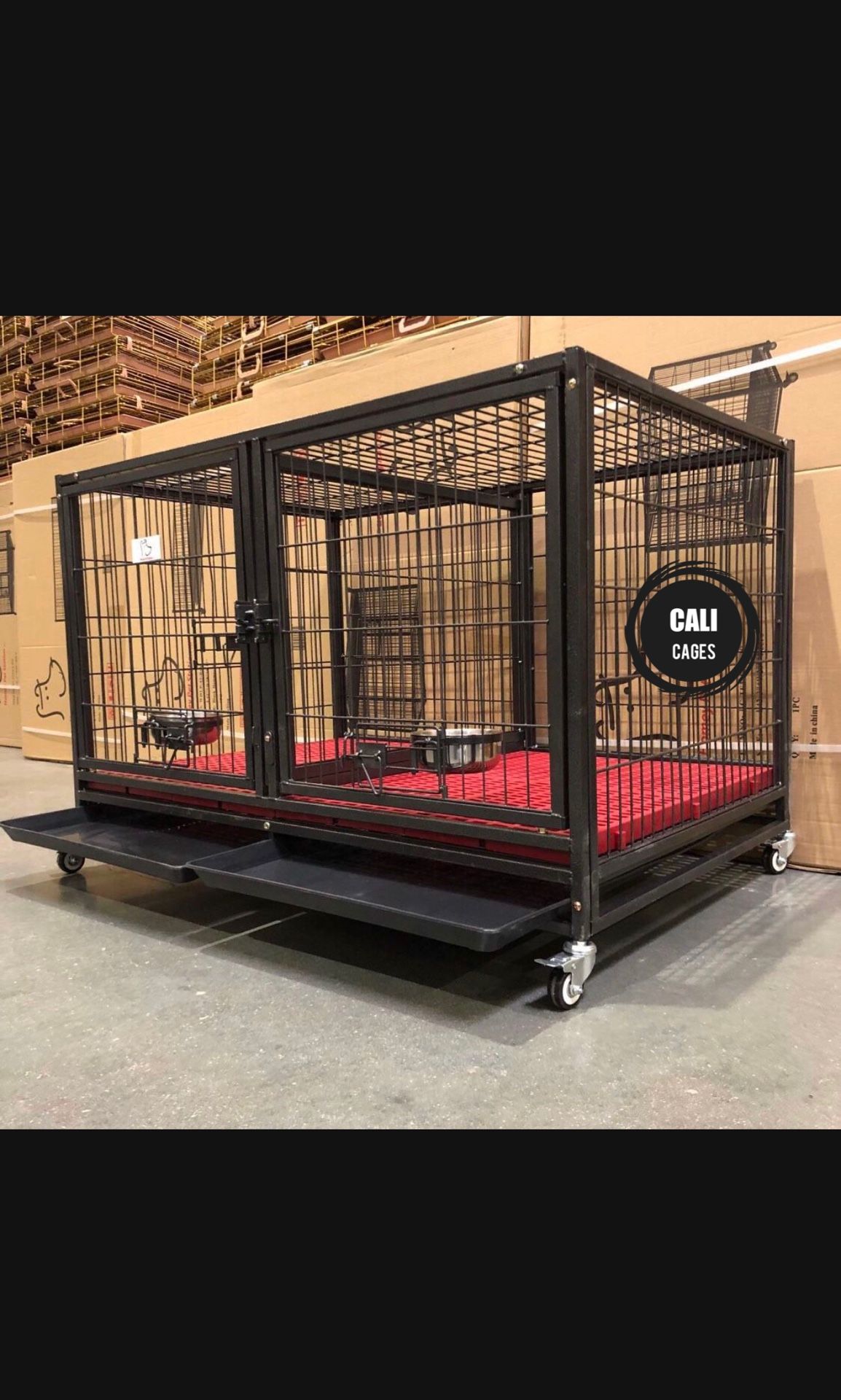 Dog Pet Cage Kennel Size 43” With Divider Plastic Floor Grid Tray And  Wheels New In Box 📦