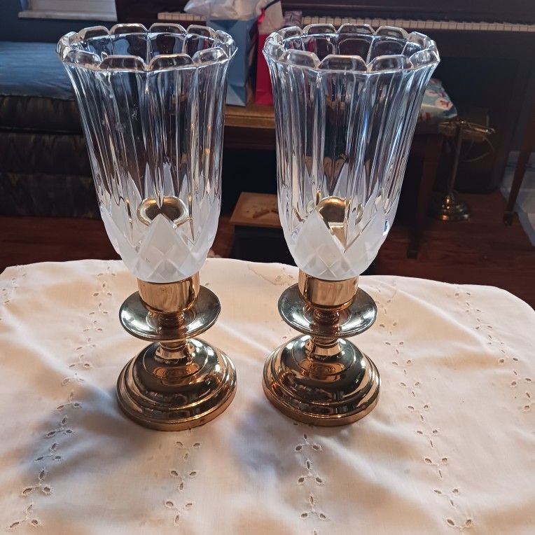 BEAUTIFUL GLASS and Brass CANDLE HOLDERS GREAT CONDITION NO CHIPS Or Cracks