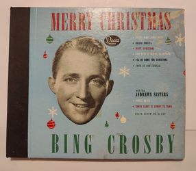 Vintage Bing Crosby Merry Christmas Decca Album No. A-550 priced to sell. The cover features a blue background with festive ornament illustrations.