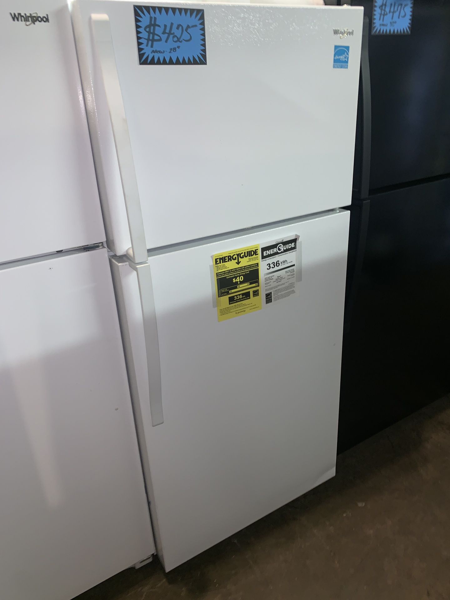 Brand new WHIRLPOOL 28in. Top freezer refrigerator with 1yr. Manufacturer warranty