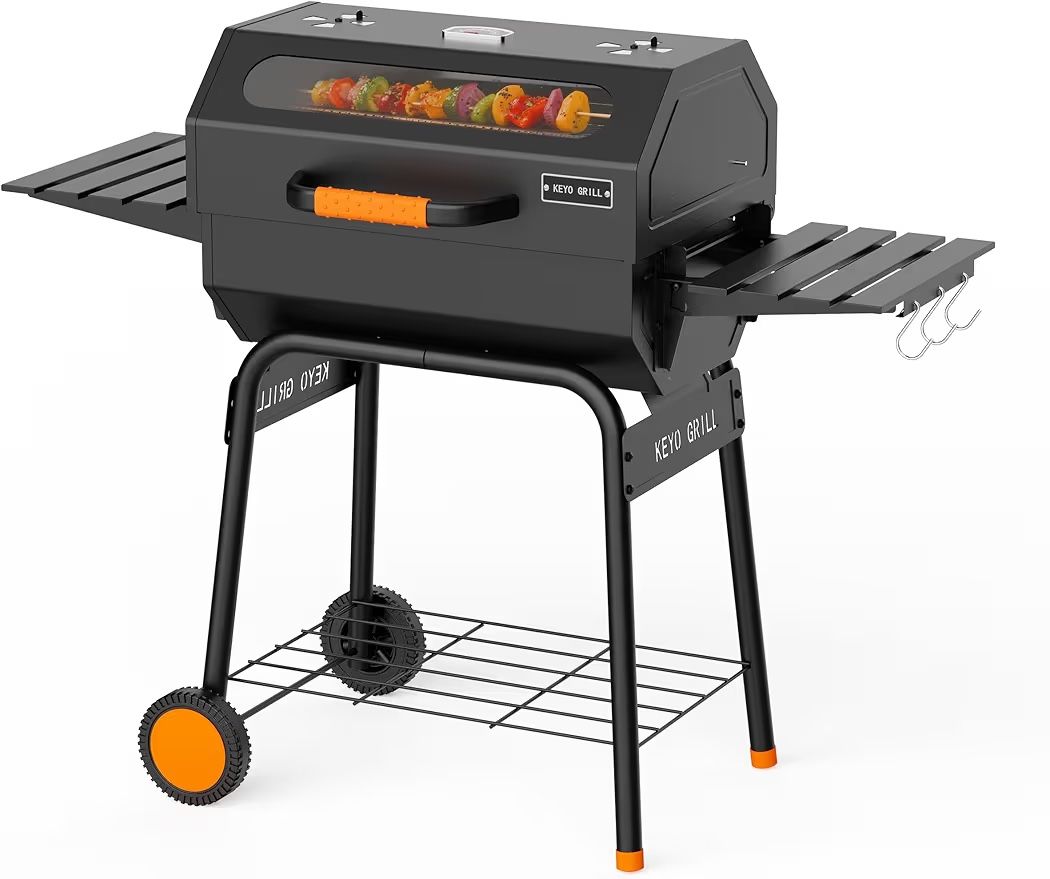 23-Inch Movable Charcoal Grill, High Temperature Resistant Glass Barrel Charcoal Grills with Adjustable Vents, Warming Rack Outdoor BBQ Grills for Bac