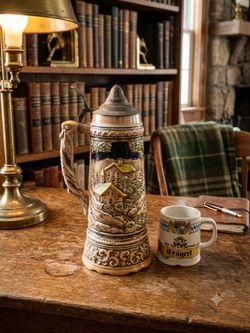Vintage Bavarian Beer Stein & Commemorative Mug – German Pub Decor Set