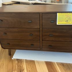 New Mid Century Dresser With Round Corners.  Pine Wood / Walnut Finish.  61” X 17” D X 36” High.  Free Delivery!