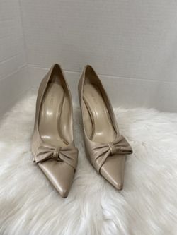 Nine West   Heel Pump Shoes US10 M Beige Leather-Bow-Pointy-Toe