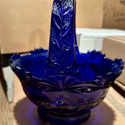 Cobalt Blue Basket Cut Glass Crystal Vintage Dish Decor