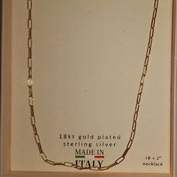 NWT Women's 18kt Gold Plated Sterling Silver 18" + 2"  Thin PaperClip Necklace.