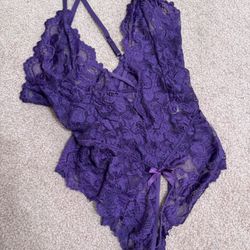  New Xl Purple Lace Stretchy Bodysuit Lingerie 