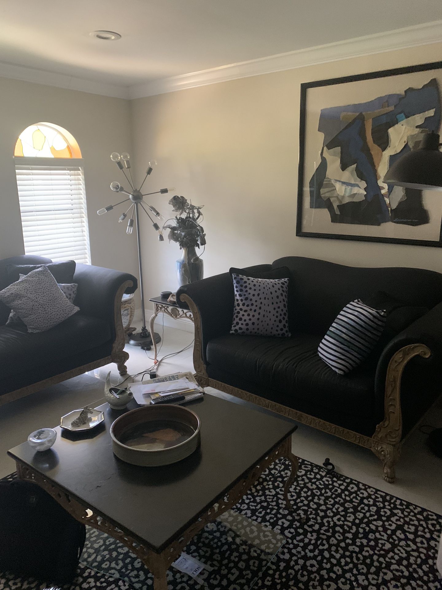 Designer Love Seats . Black New Upholstery . Light Wood Trim