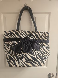 Stylish New Black & White Fabric Zebra Print Large Woman's Tote Bag With Detachable Black Bow