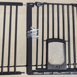 Extra tall secure baby/pet gate with small doggy door. Pressure Mount. Fits 29.8"-38" wide