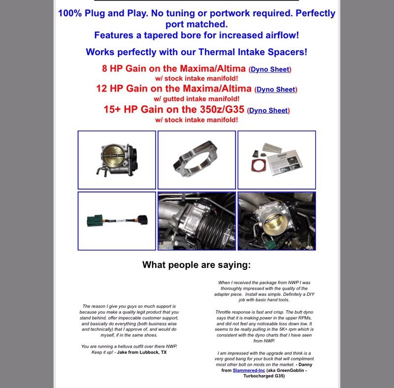 350z/G35 75mm big bore throttle body NWP kit