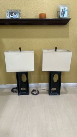 Pair of Black Table Lamps with White Shades