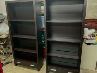 Matching Pair of Tall Espresso Bookcases with Drawers - Selling Both