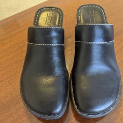 Born Black Leather Wedge Clog Shoes, Size 8 / 39