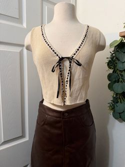 Cream Knit Crop Top with Black Ribbon Tie