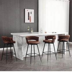 Modern Bar Stools Set of 2,30”Bar Height Barstools, 180° Swivel Suede Fabric Stool Chairs with Woven Back and Footrest for Kitchen Island, Cafe, Pub
