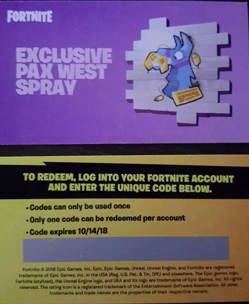 FORTNITE PAX WEST EXCLUSIVE LLAMA SPRAY DIGITAL CODE CARD "LIMITED"