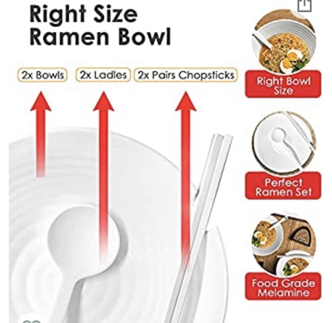 2 Sets of Ramen Bowl (White Melamine), 6pcs, 37oz Soup Bowls with Chopsticks and Spoons Set