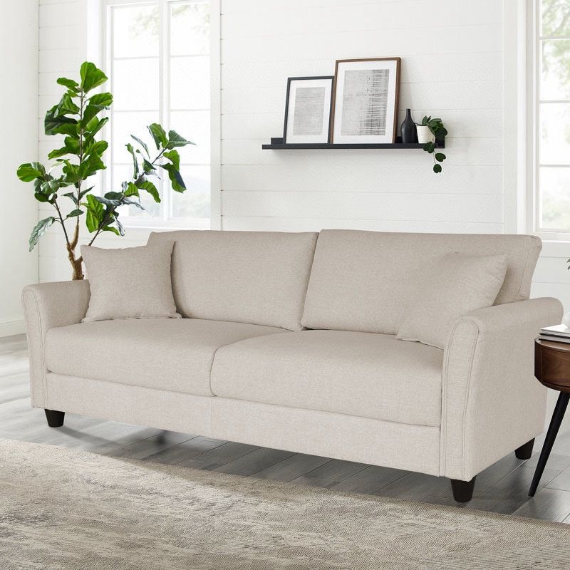 3 Seat Sofa, 85” Modern Upholstered Sofa with 2 Pillows and Solid Wood Frame, Linen Fabric Couch